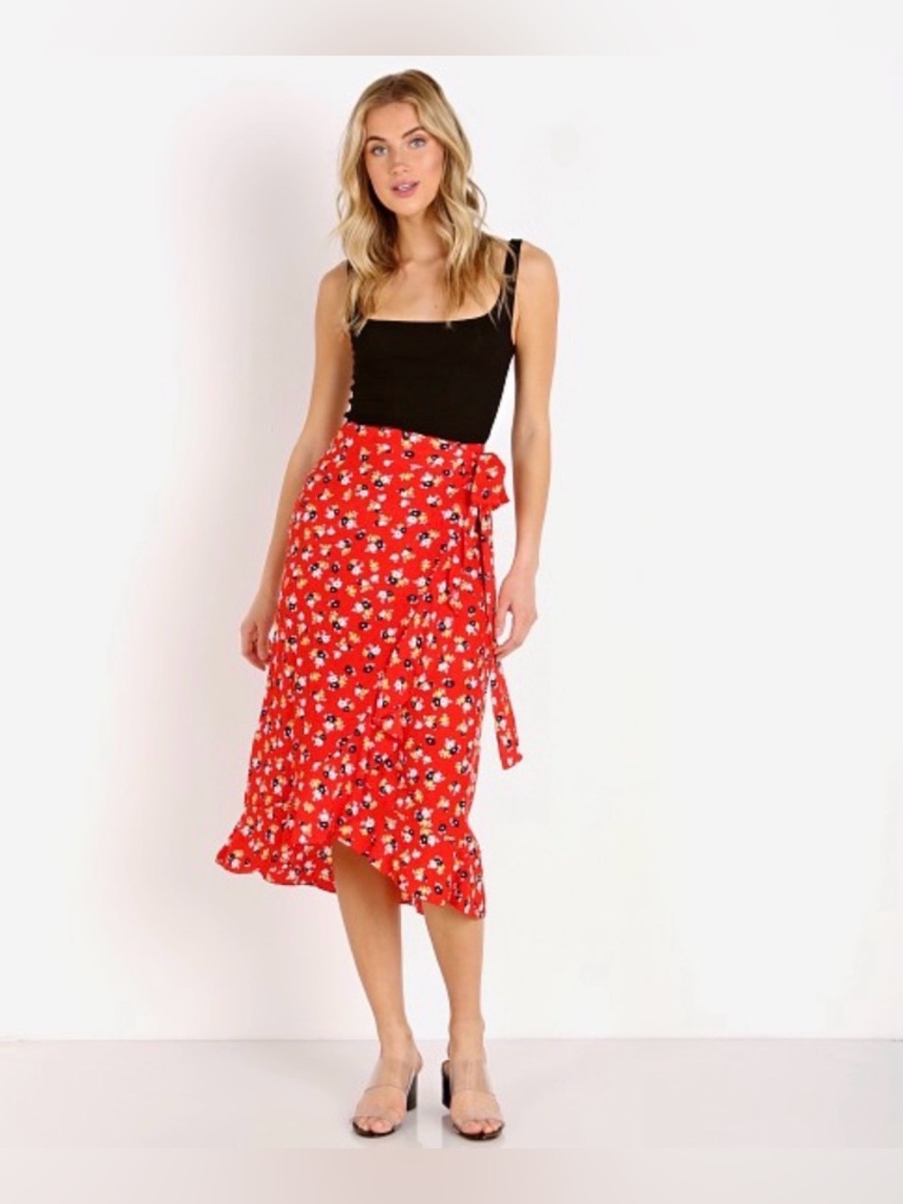 Faithfull The Brand Red Floral Wrap Midi Skirt Size 2